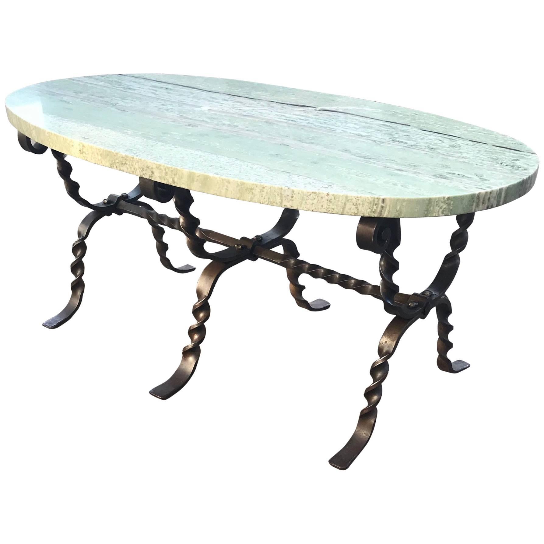 France Art Deco, Wrought Iron and Marble Oval Shape Coffee or Couch Table