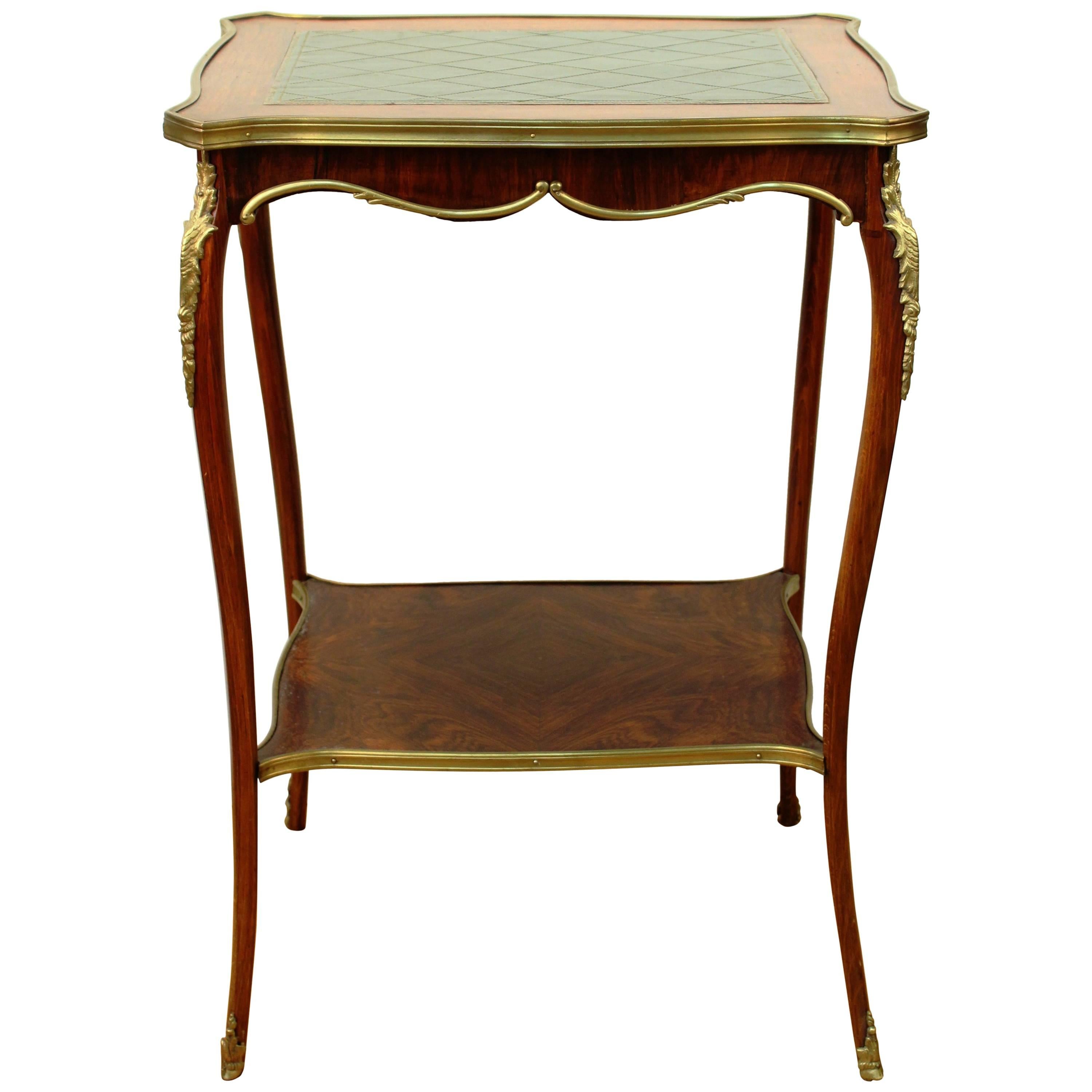 19th Century Wooden Side Table with Shelf and Green Leather Top
