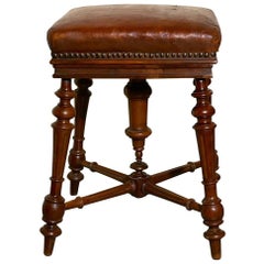 Rare French Square Walnut and Leather Revolving Piano Stool