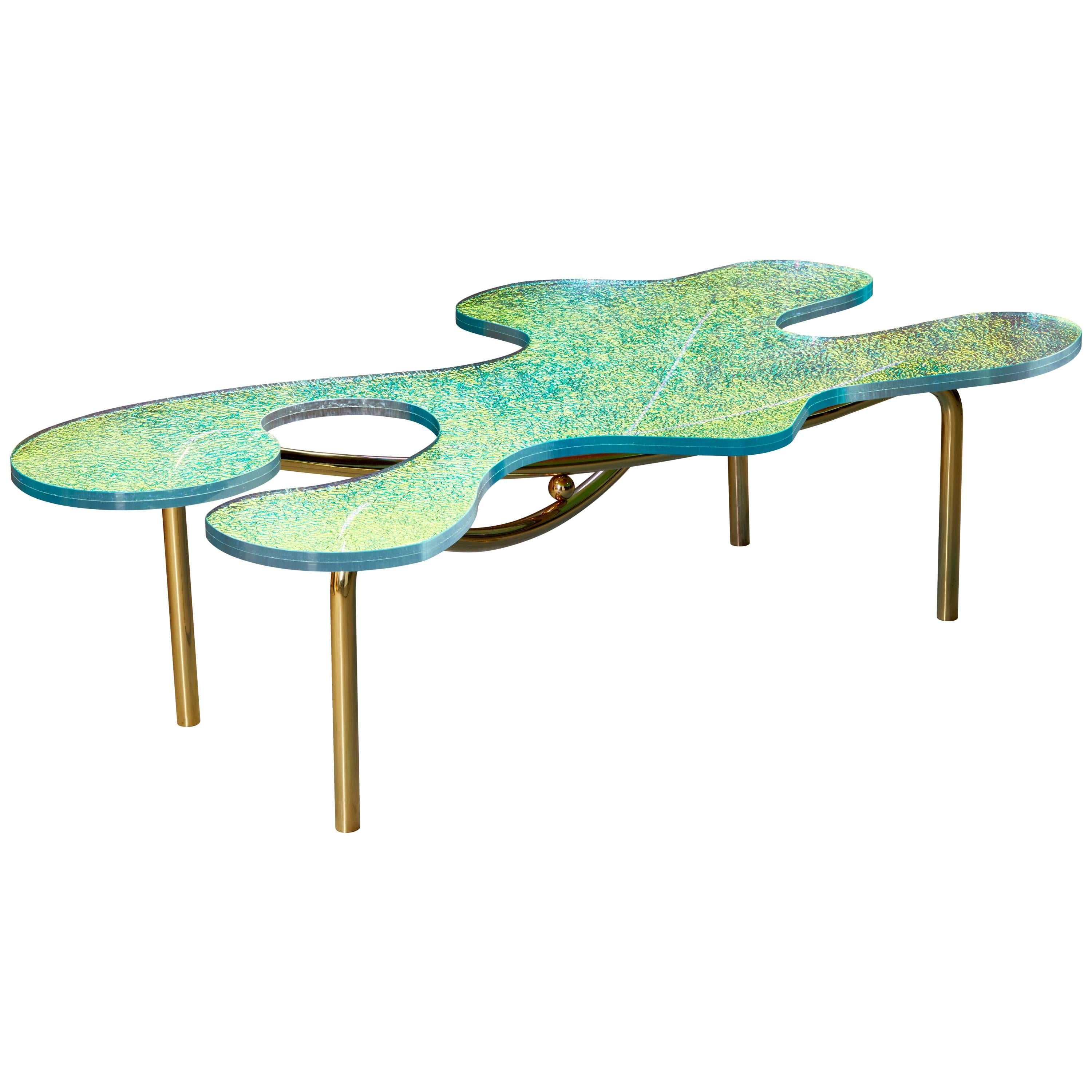Coffee Table With Dichroic Glass & Solid Brass Legs.
