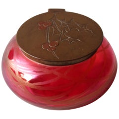 Bohemian Art Nouveau Kralik Red Banded Glass Desk Tidy with Holly Decoration