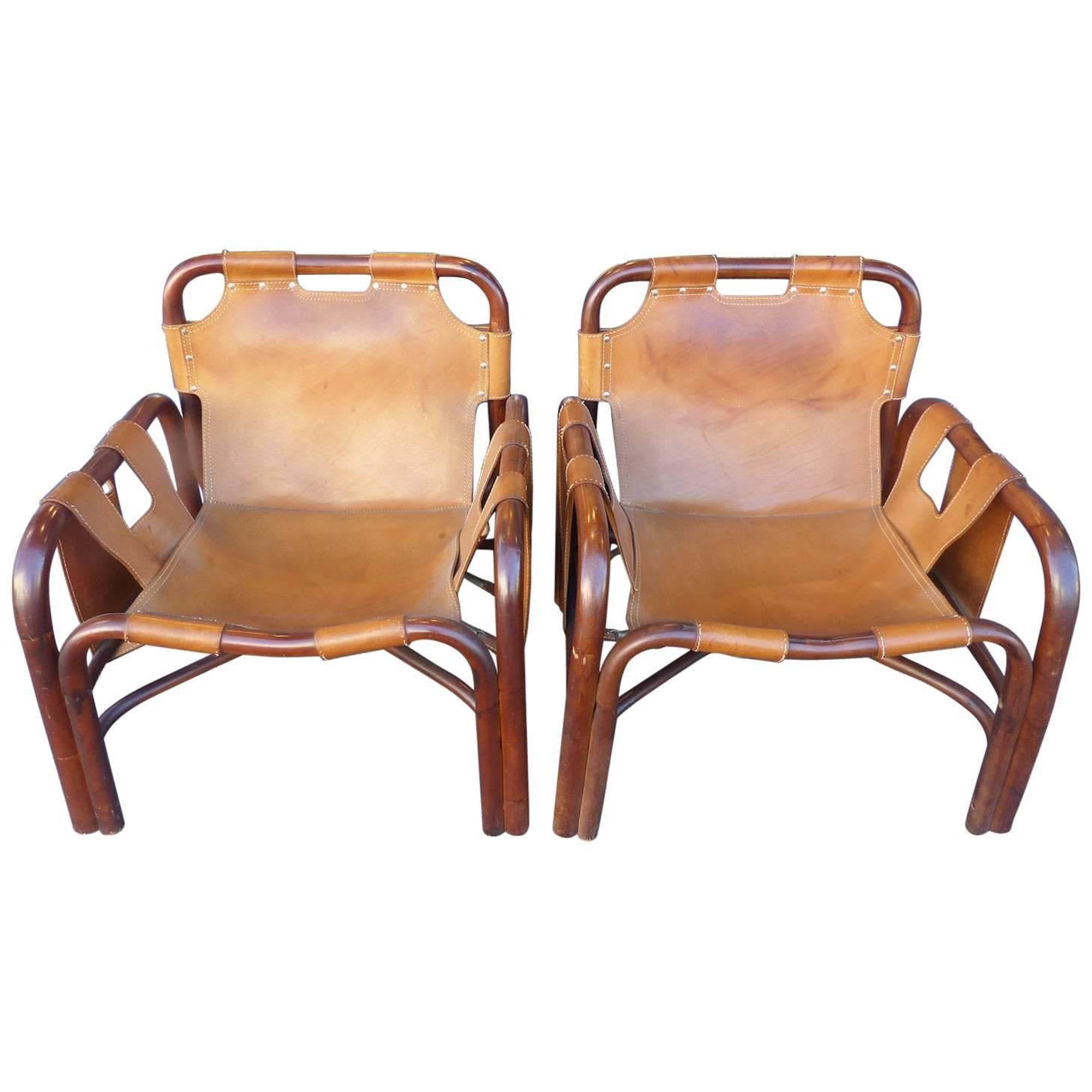 Beautiful Pair of  Italian Leather Armchairs, circa 1960 For Sale