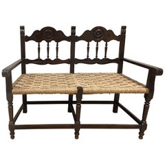 Two-Seat Tuscan Wooden Straw Bench, Italy, 19th Century