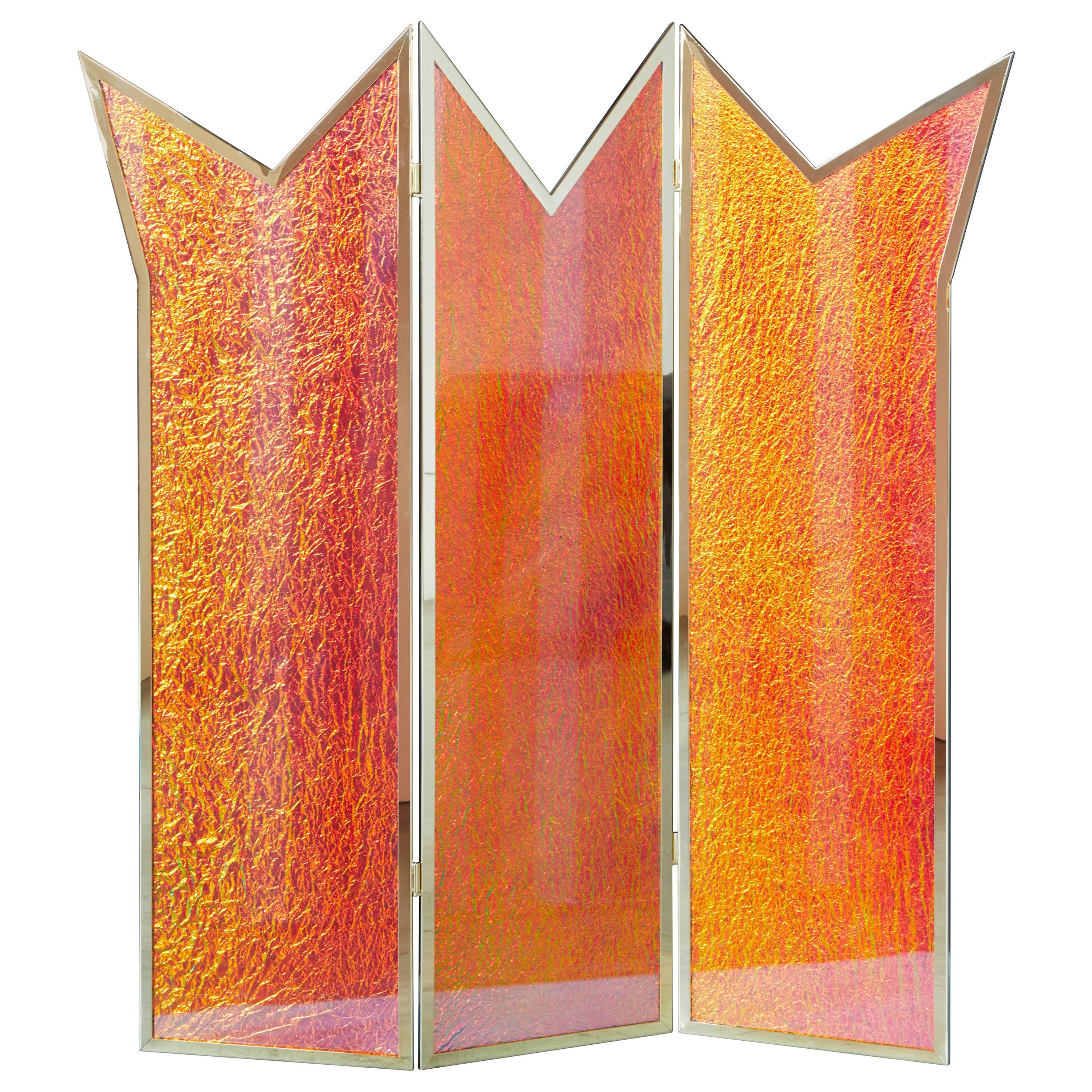 Contemporary Brass Room Divider Made with Dichroic Glass