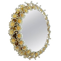 Round Illuminated Palwa Mirror Gilt Faceted Crystal Glass Flower Germany 1960s