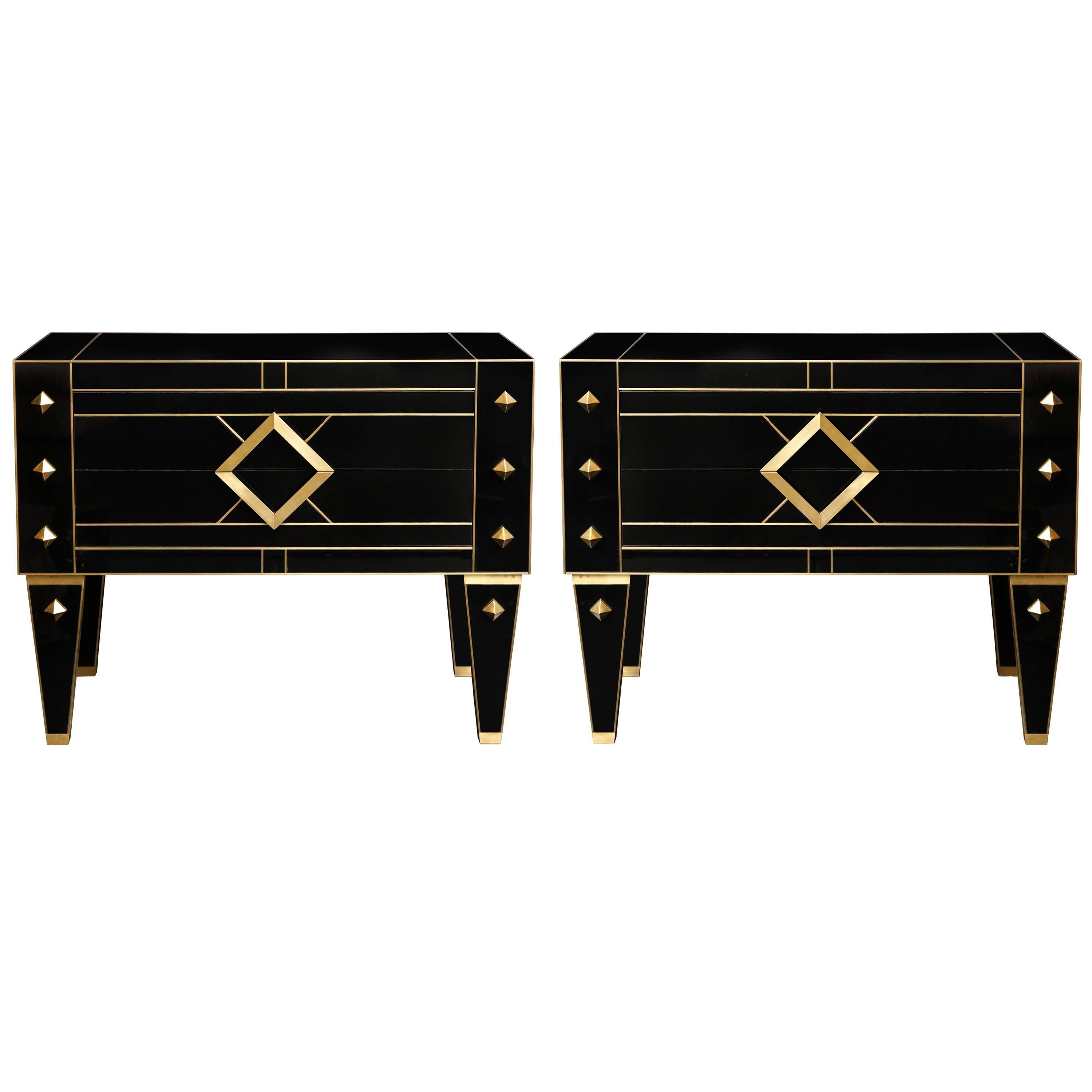 One of a Kind Signed Pair of Black Glass and Brass Chests of Drawers/Nightstands