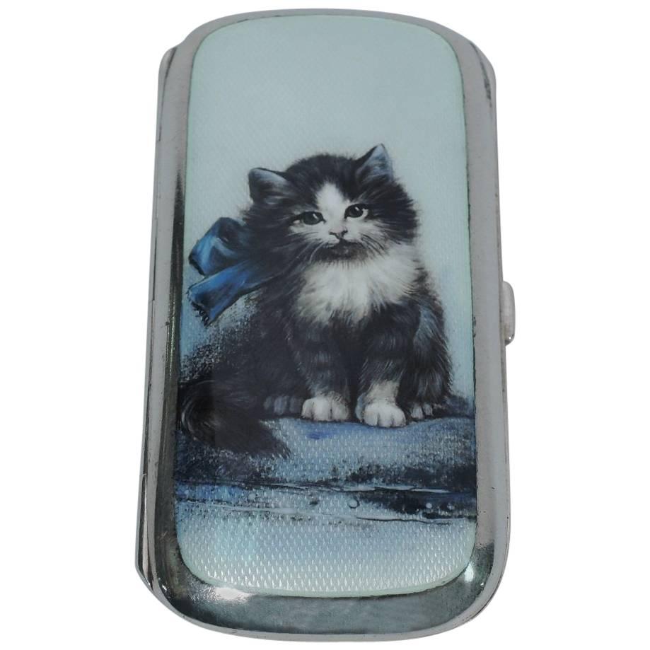Antique Silver and Enamel Kitty Cat Cigarette Case