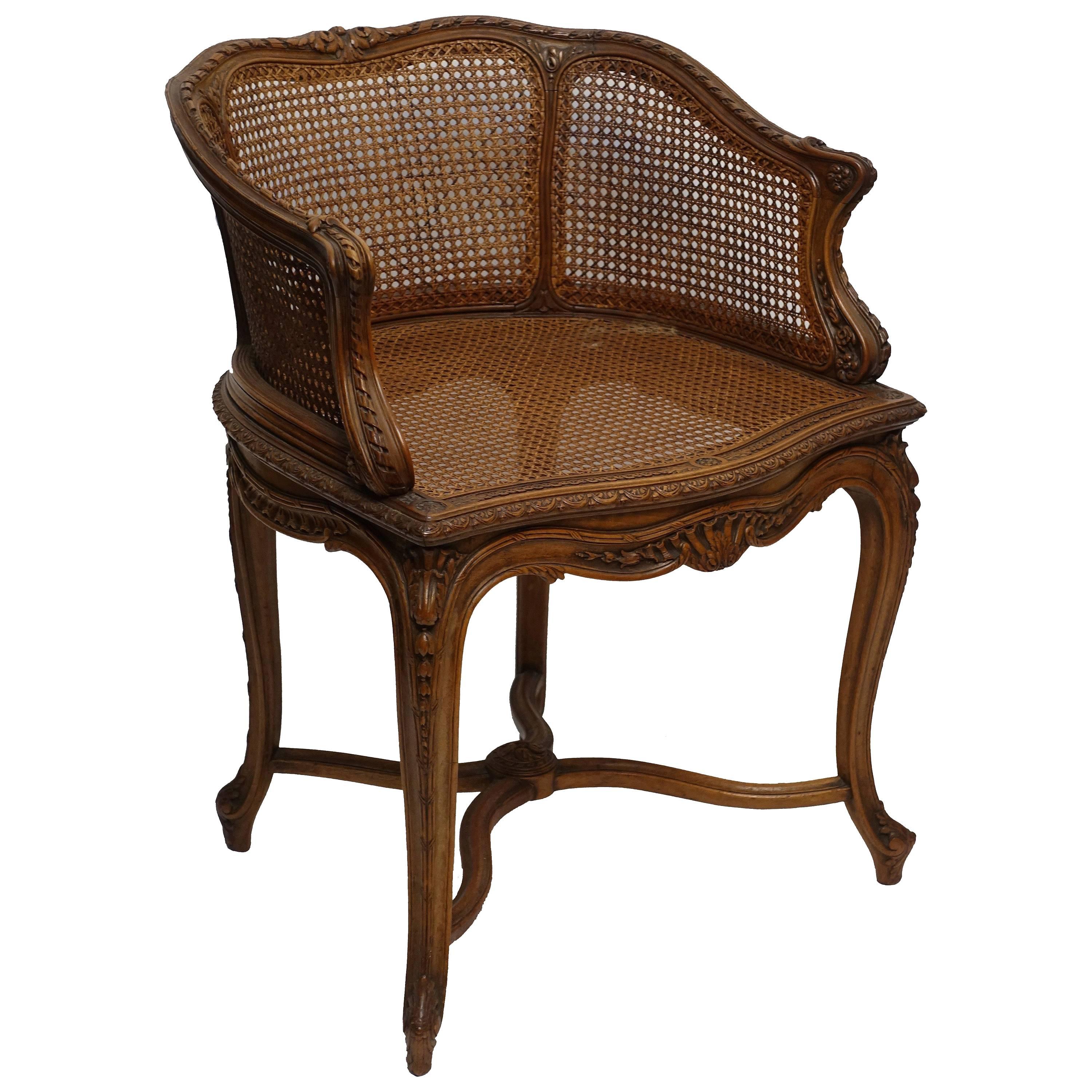 Carved Walnut Vanity Dressing Table Bergere Chair, French, circa 1900