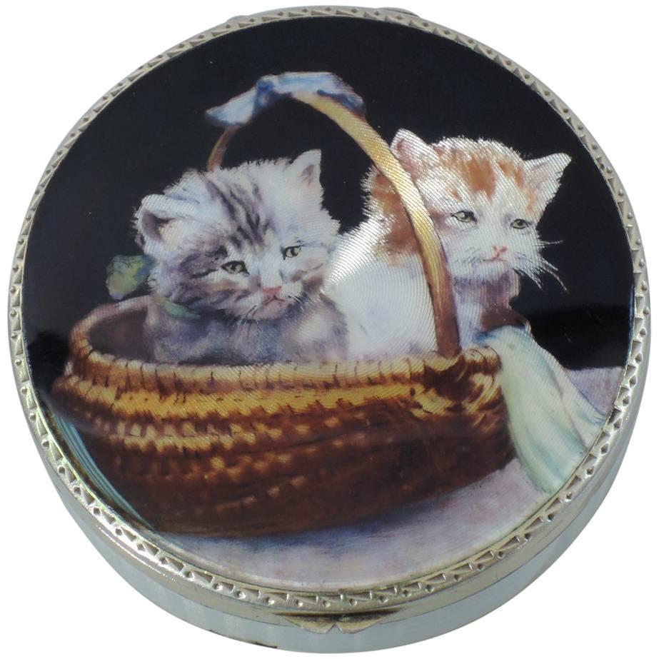 Antique Cats in a Basket Compact in Silver Gilt and Enamel