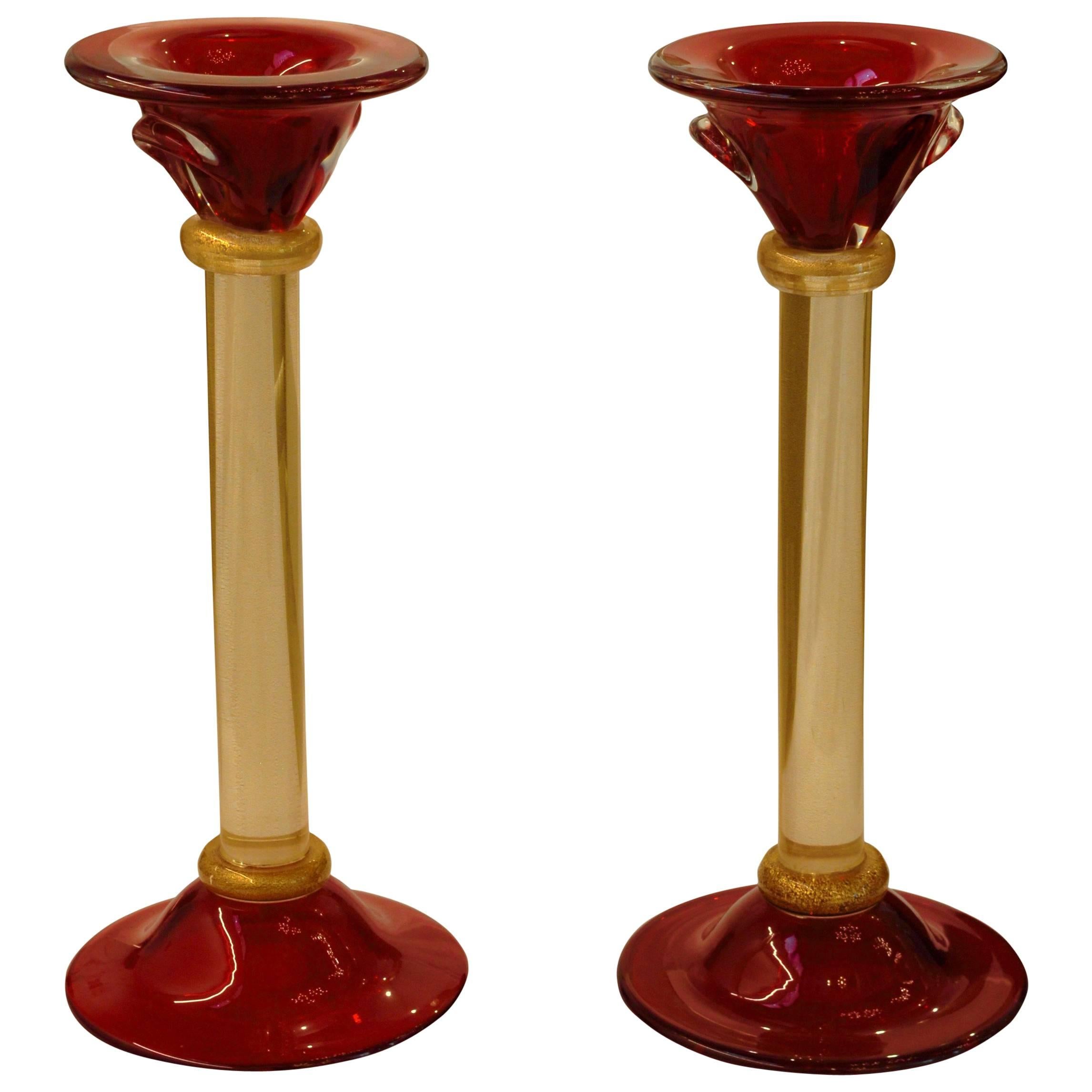 Pair of Candlesticks, Romano Dona, Massiccio, Red and Gold Leaf, Murano