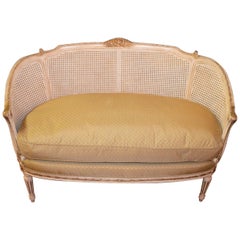Louis XVI Style Painted and Gilt, Caned Back Settee, Dawn and Feather Cushion