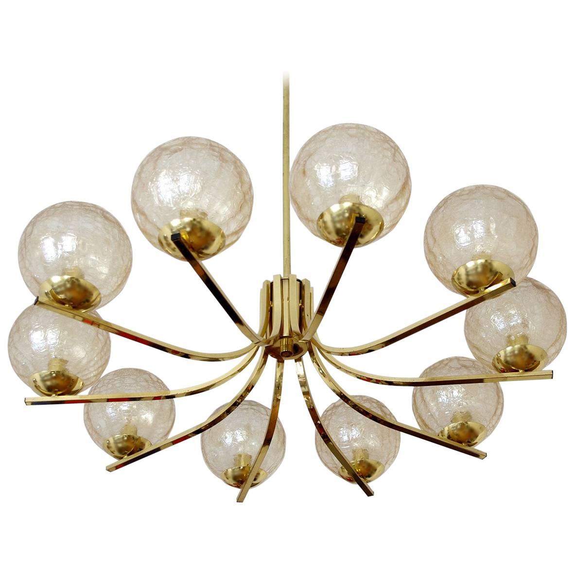 Large German Glass and Brass Ceiling Light Chandelier Pendant, 1960s