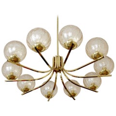 Large German Glass and Brass Ceiling Light Chandelier Pendant, 1960s