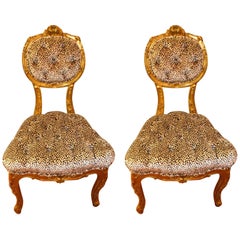 Pair of Louis XV Style Gilded Side Chairs, Upholstered in Leopard Type Fabric