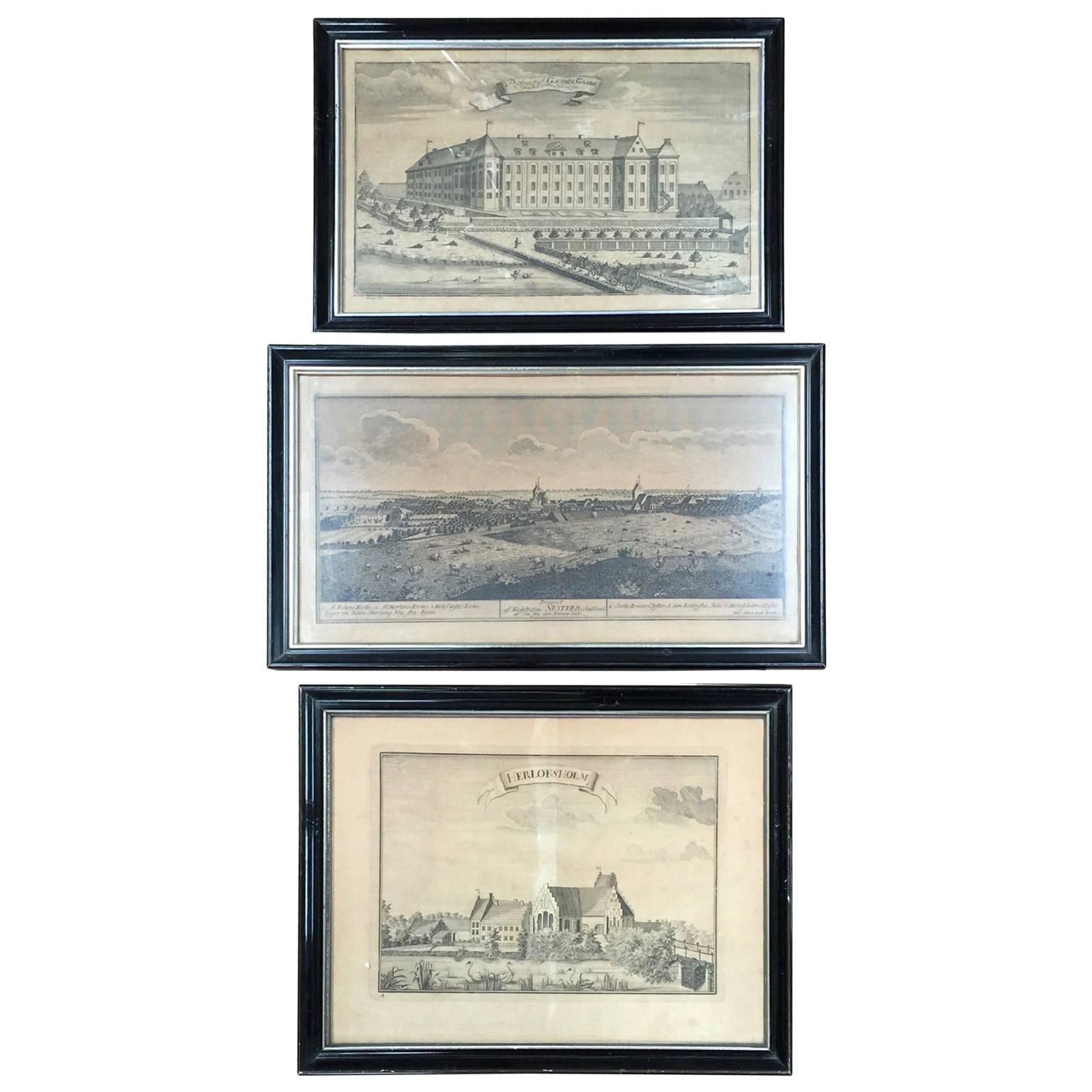 Gravures de paysages et de propriétés d'Herlufsholm, Gavn et Nstved en vente