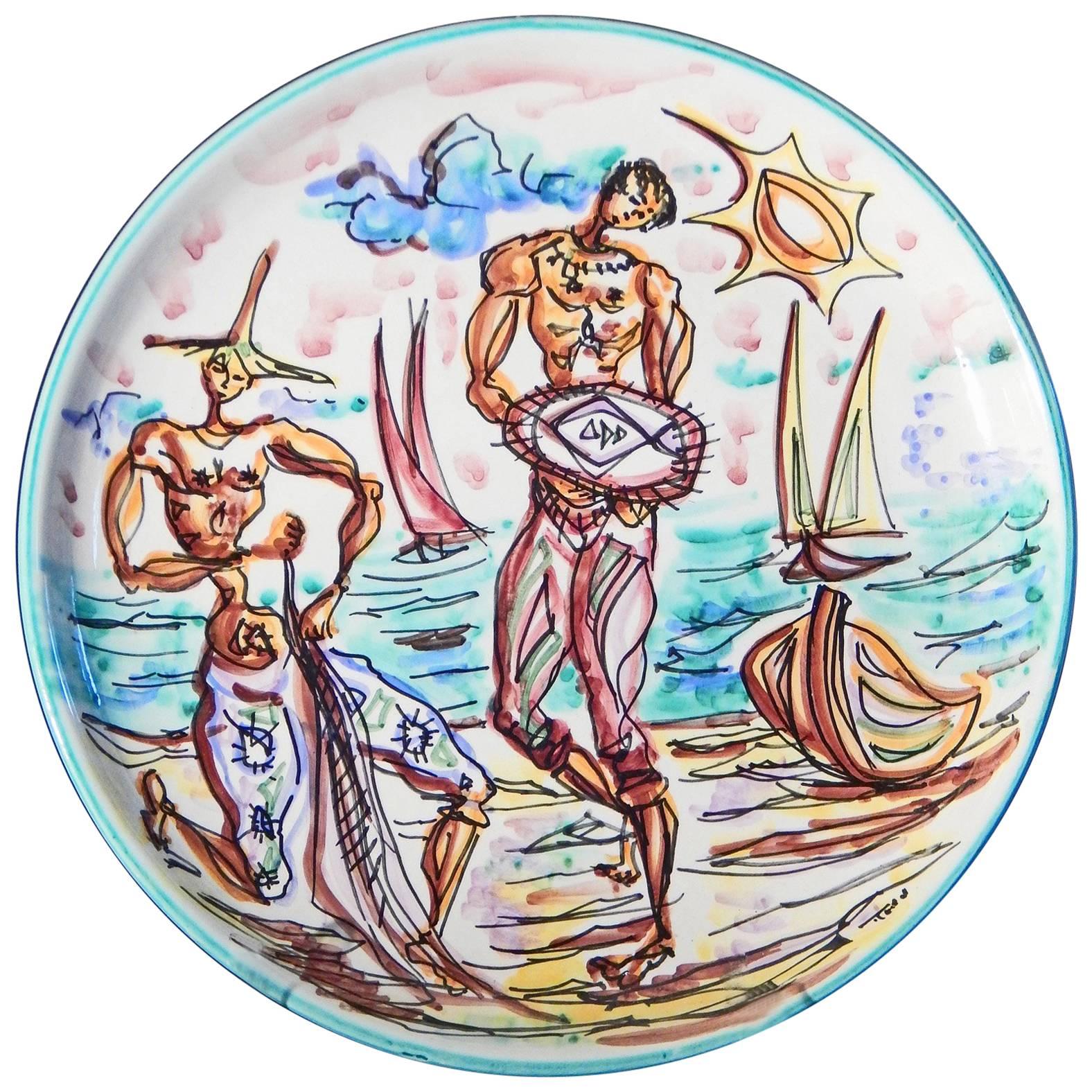 "Fishermen, " Rare Midcentury Plate with Fishermen by Società Anonima Marina For Sale