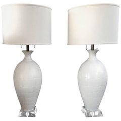 Pair of Ceramic Patterned Lamps on Lucite Bases