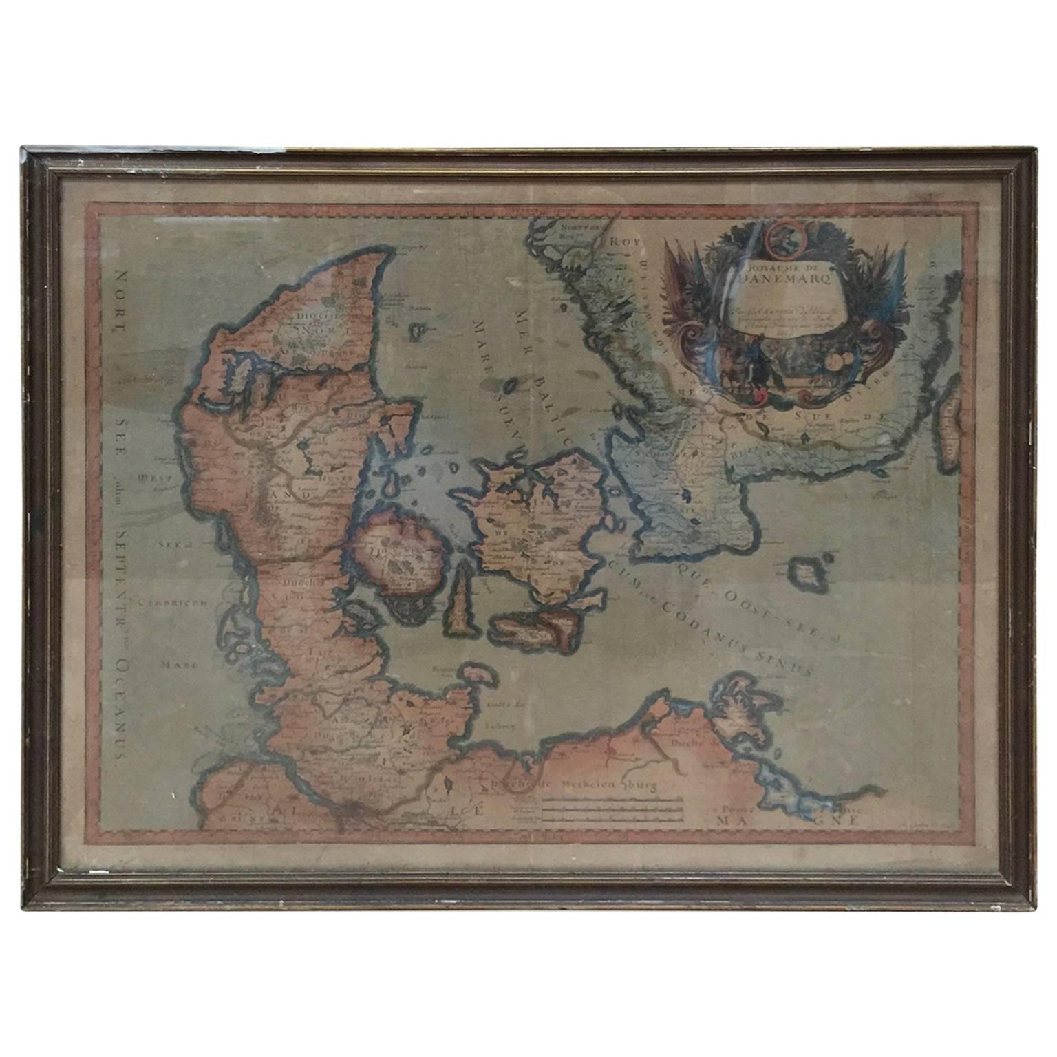 17th Century Map of Denmark by French Cartographer Sanson, Dated 1658