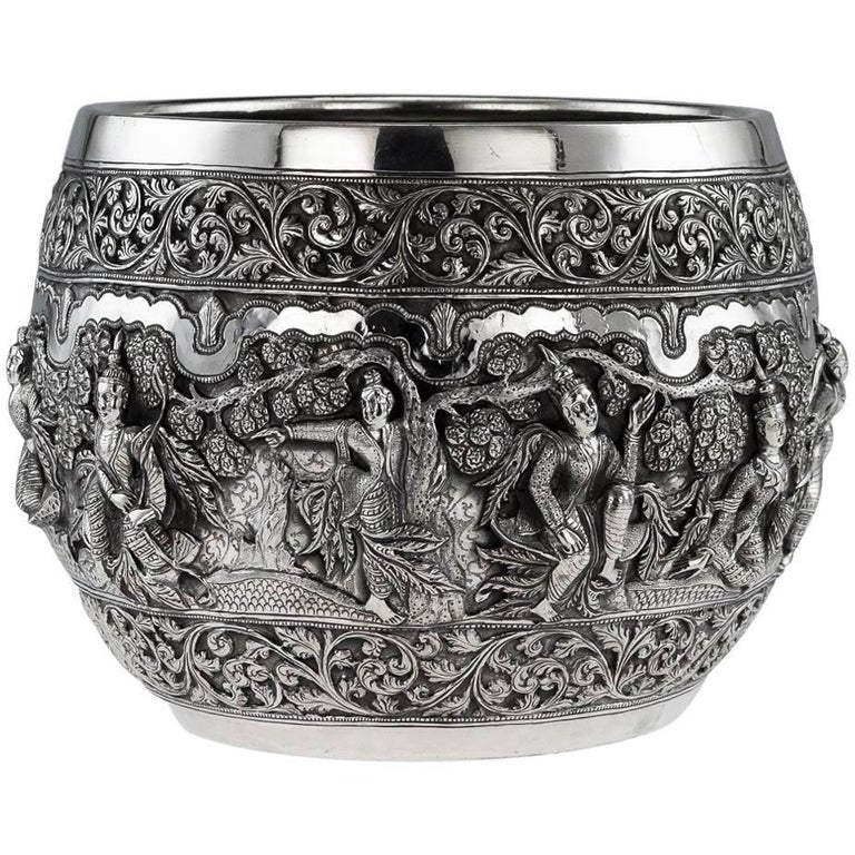 Antique 19th Century Indian Poona Solid Silver Decorative Bowl, circa