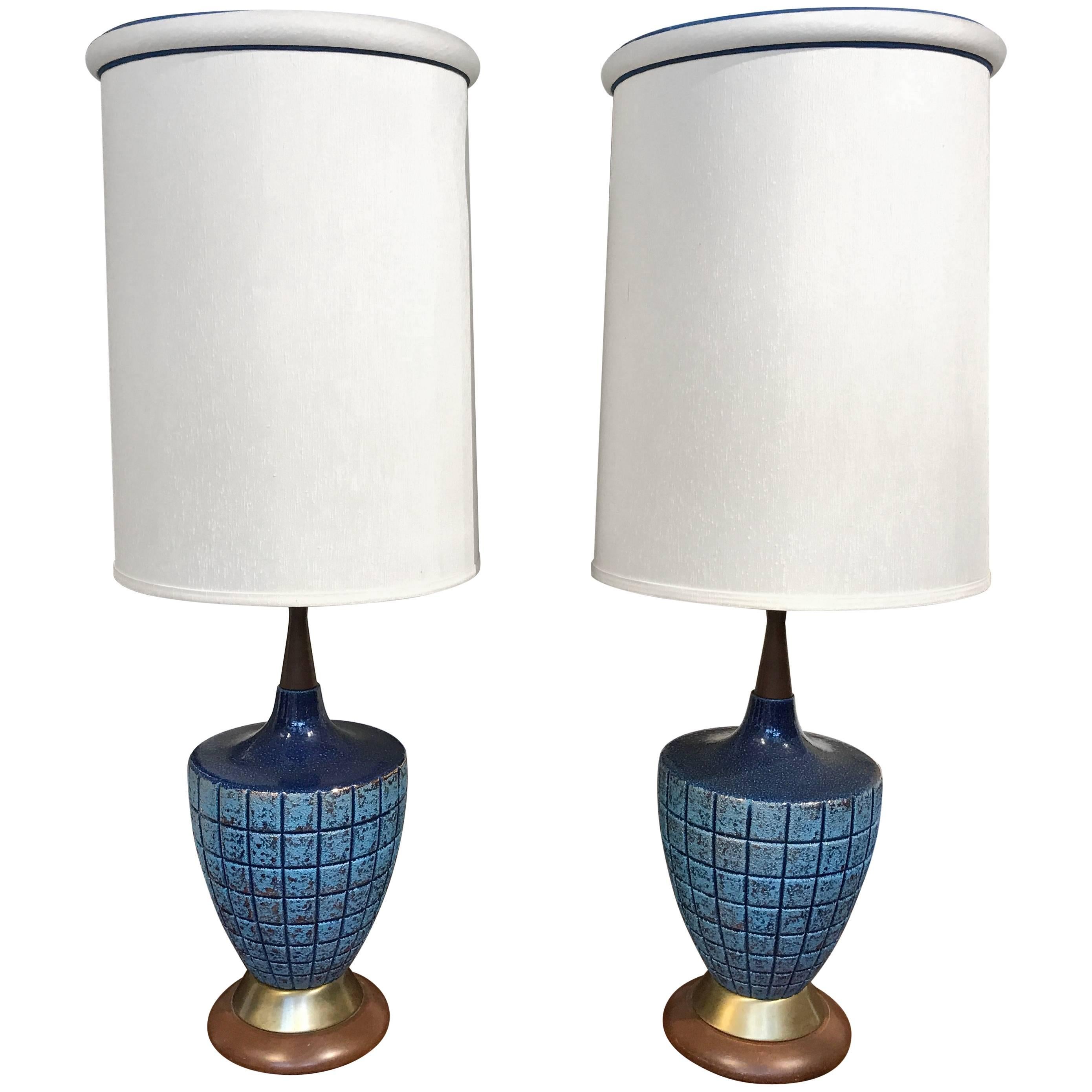 Vintage Blue Ceramic Lamps with Their Original Shades 