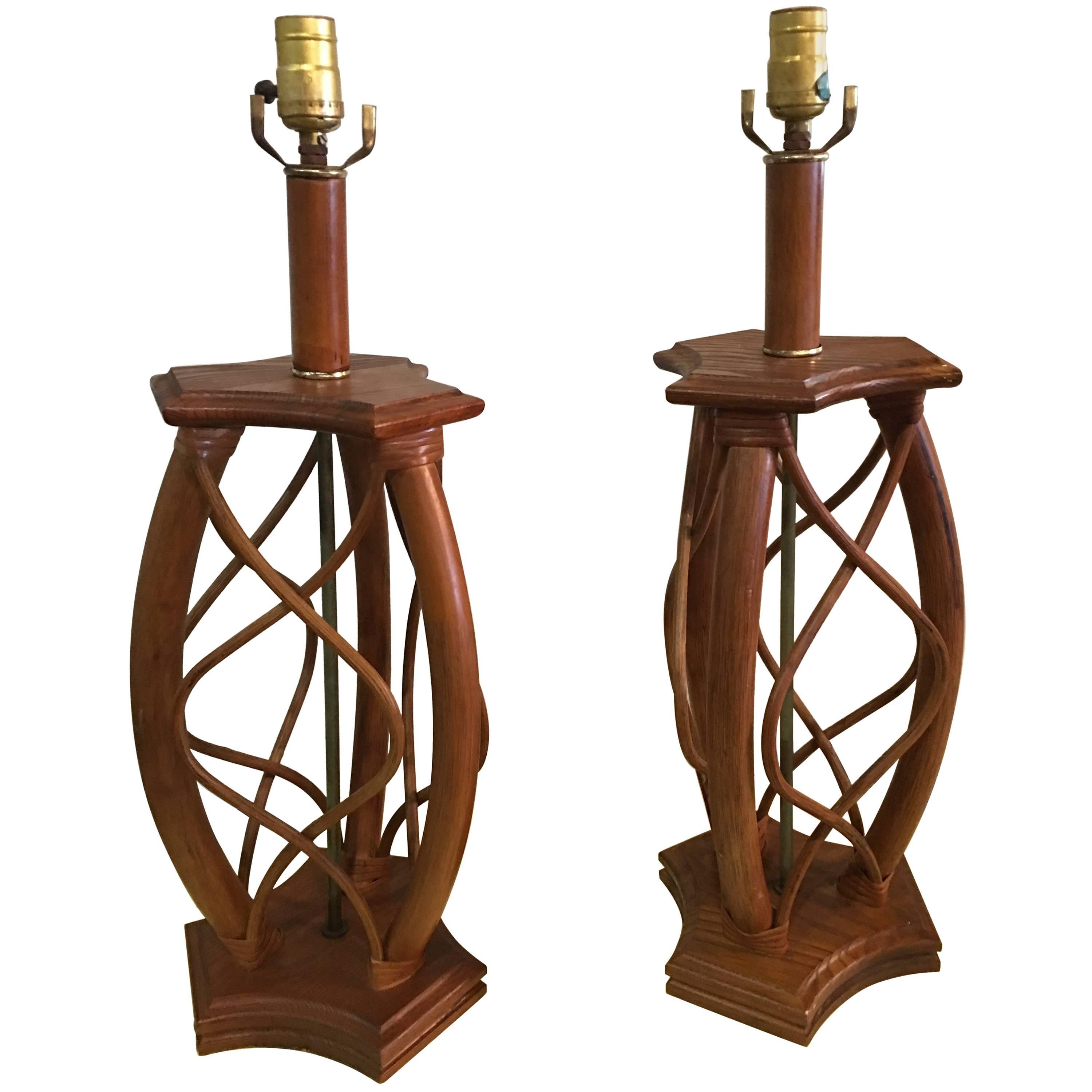 Paar Rattan-Tisch-Holzlampen, Mid-Century Modern, Vintage