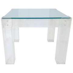 Vintage Lucite Box Leg Glass Top Side Table