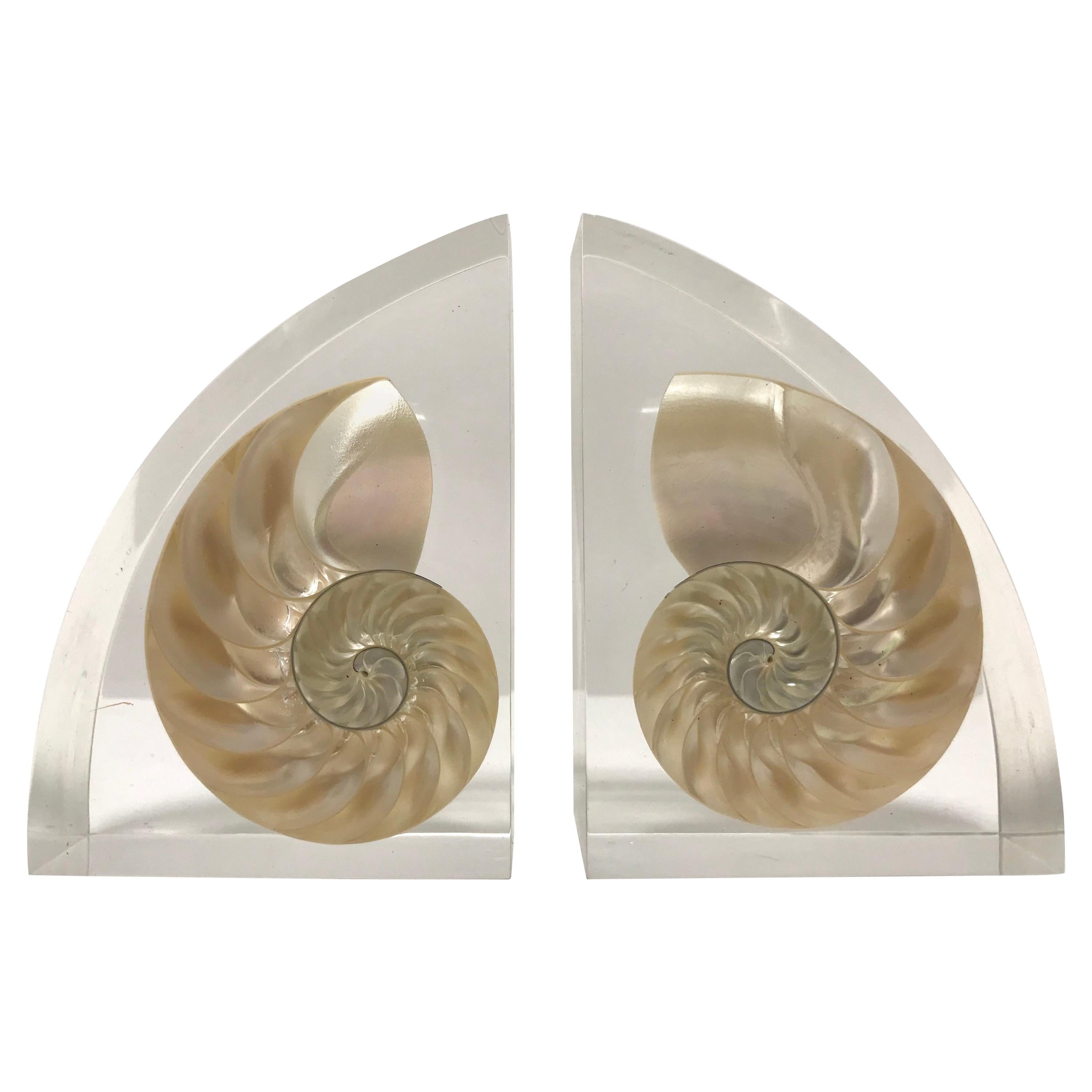 Pair of Lucite Bookends with Encased Nautilus Shell For Sale