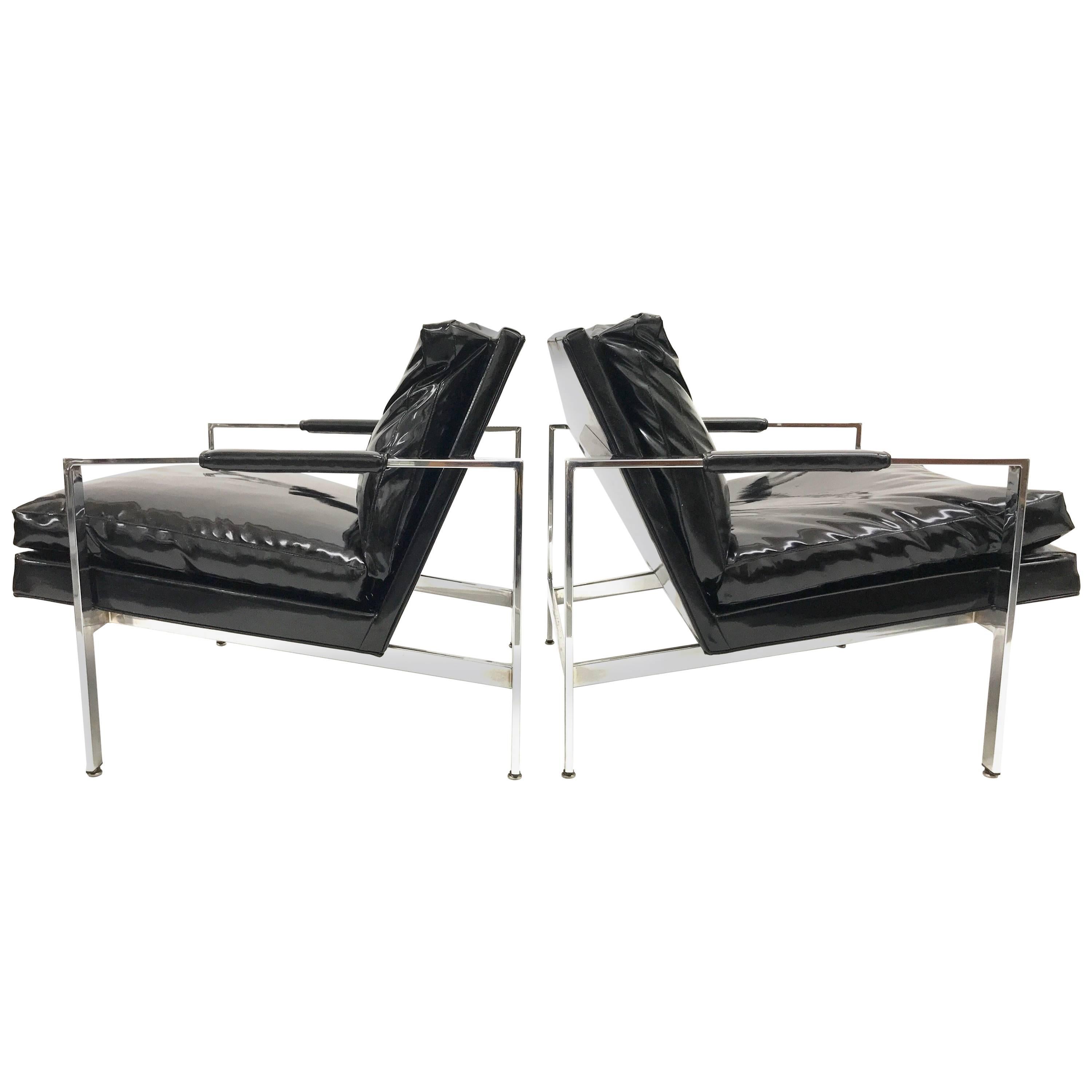 Milo Baughman for Thayer Coggin Chrome Flat Bar Lounge Chairs For Sale