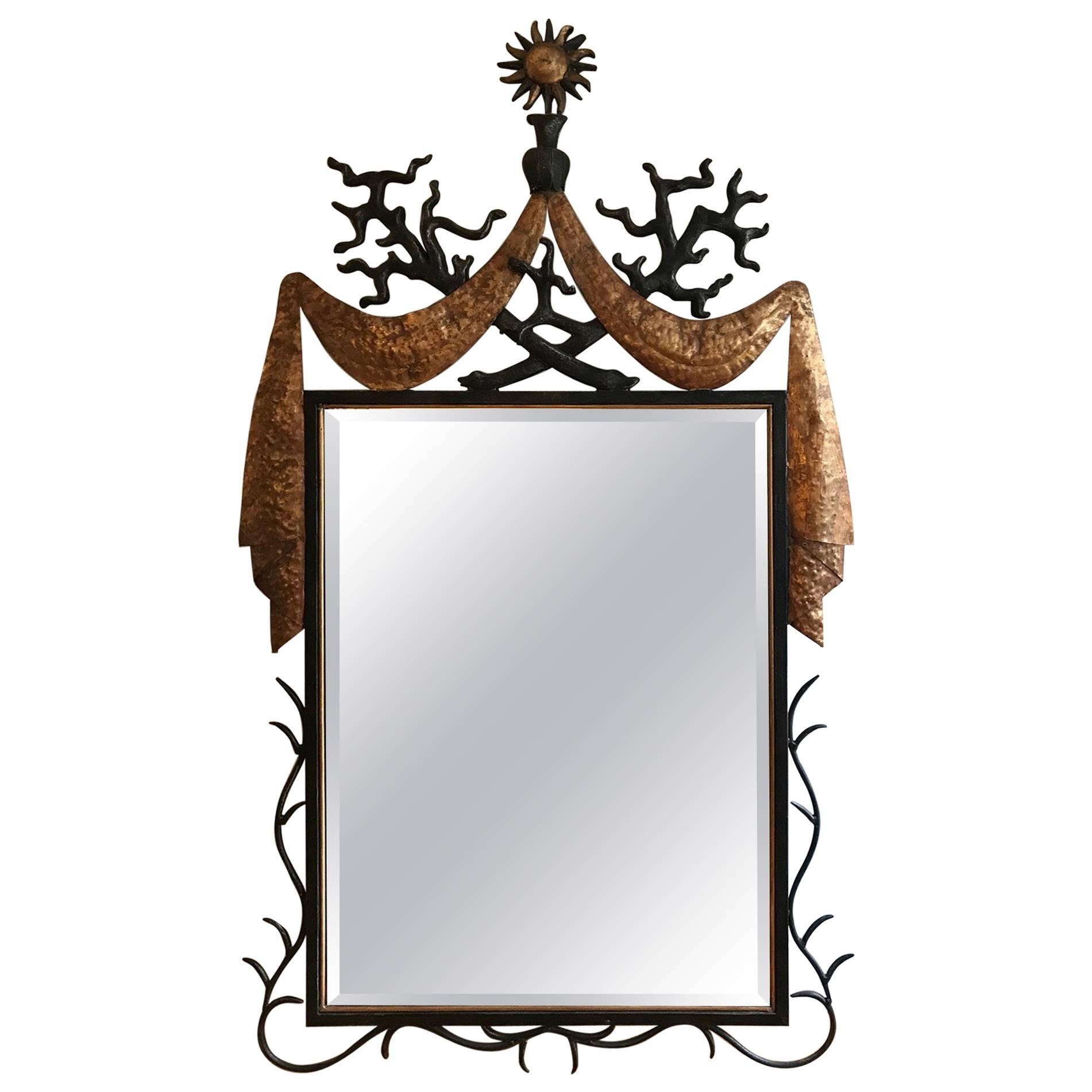 Iron, Gilded Metal and Resin Large Mirror after a Design by Gilbert Poillerat