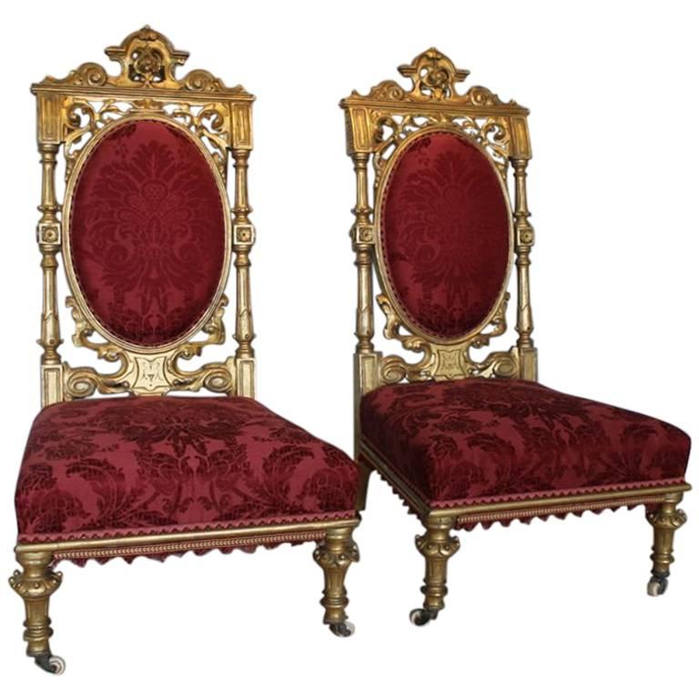 19th Century Pair of Aesthetic Movement Carved Wood and Gilt Chairs For Sale