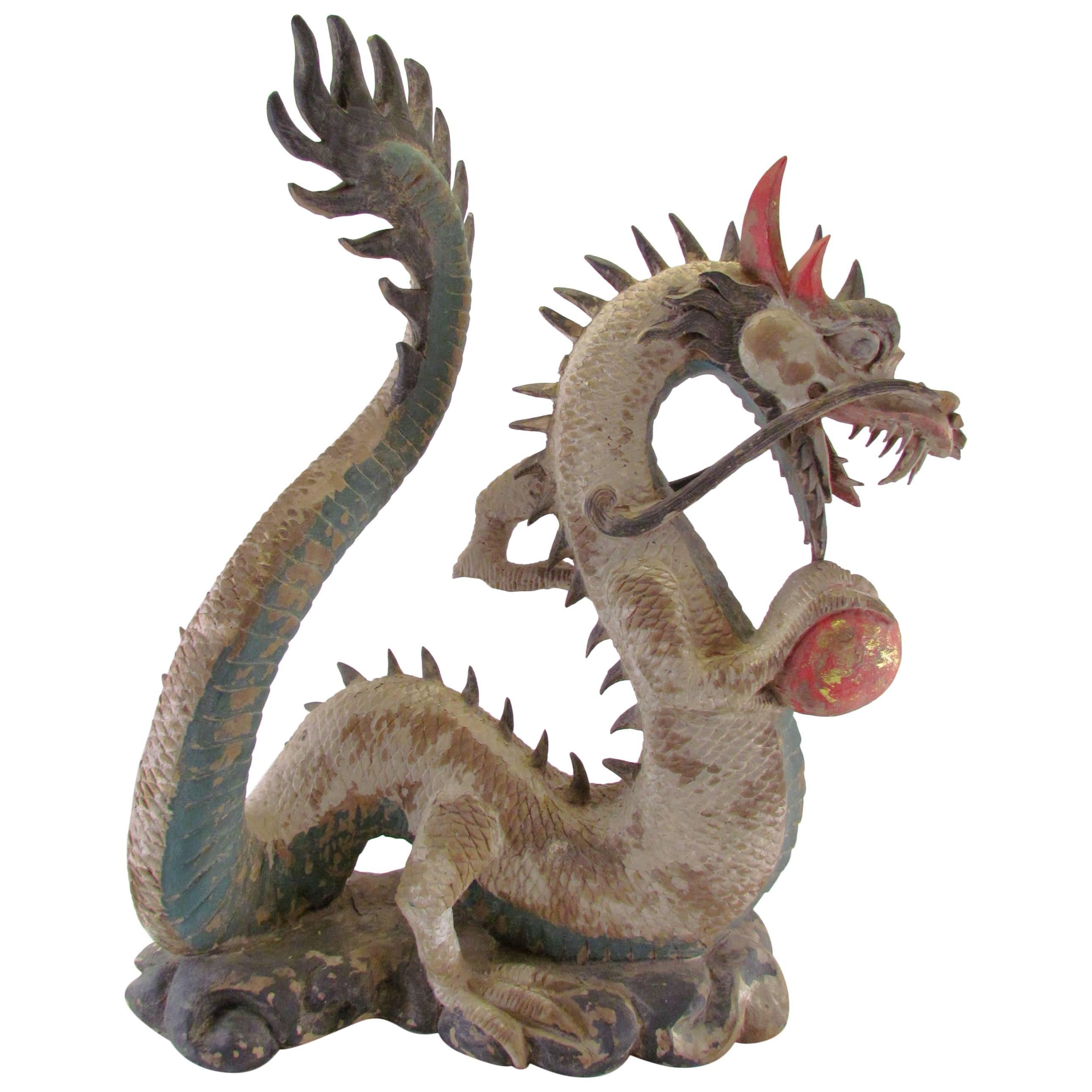 Antique 19th Century Polychrome Carved Chinese Dragon with Pearl