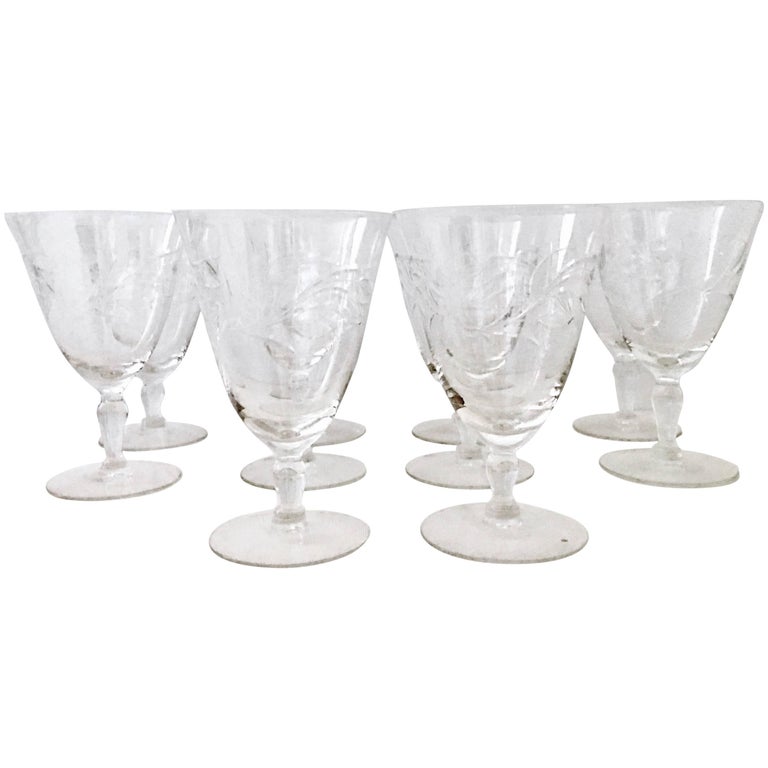 1930'S American Etched Crystal Stem Glasses, Set Of Ten For Sale at 1stdibs
