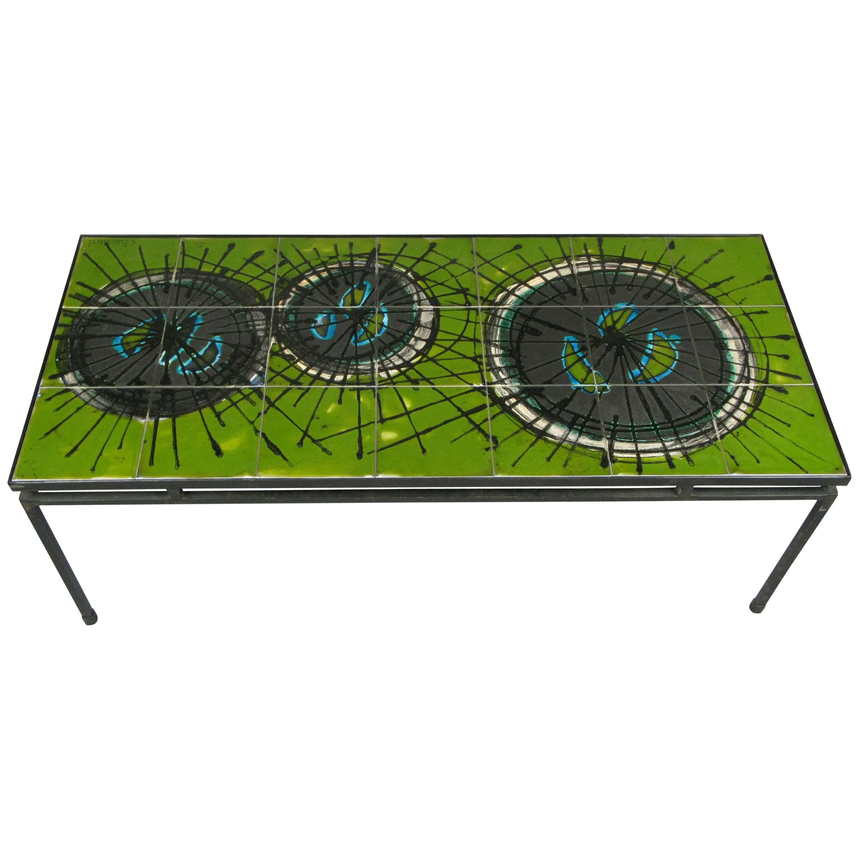 Modern 1960s Ceramic Tile and Iron Table by Juliette Belarti