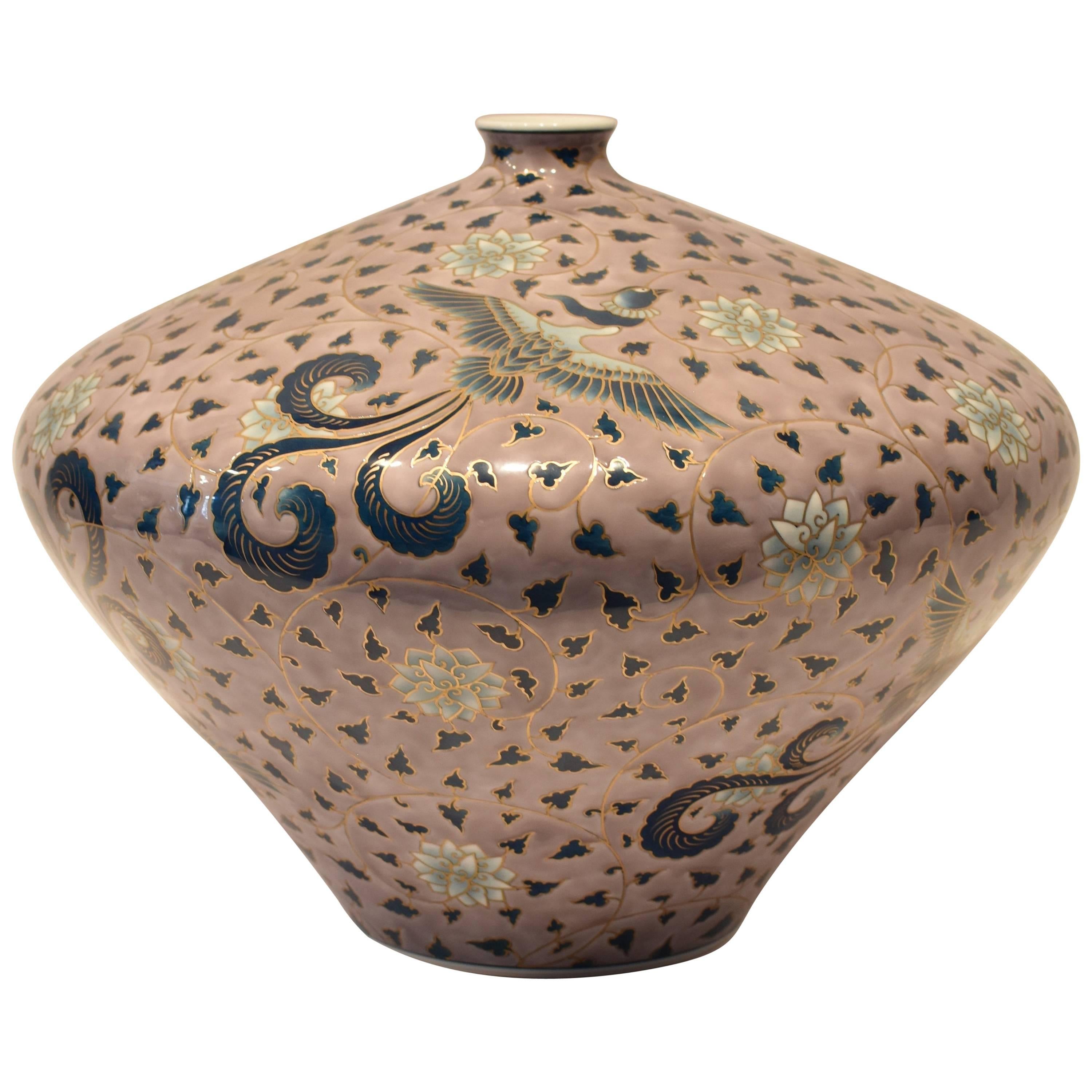 Large Japanese Gilded Hand-Painted Porcelain Vase by Master Artist