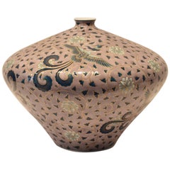 Large Japanese Gilded Hand-Painted Porcelain Vase by Master Artist