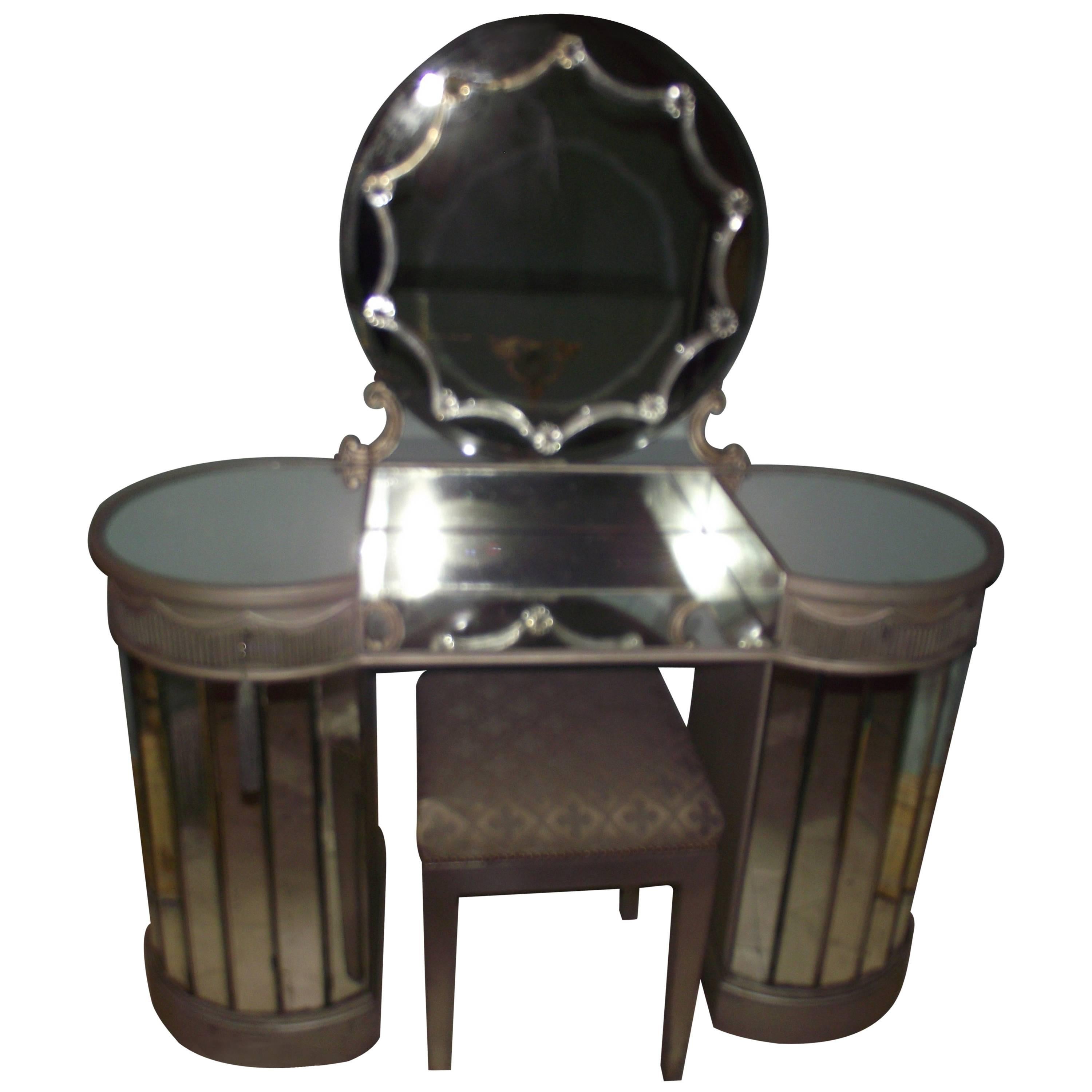 1940s Vanity, Mirrored Glass with Stool, Art Deco Mirror Dressing Table For Sale