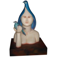 Signed Ceramic Sculpture of a Bird Lady by Sergio Bustamante