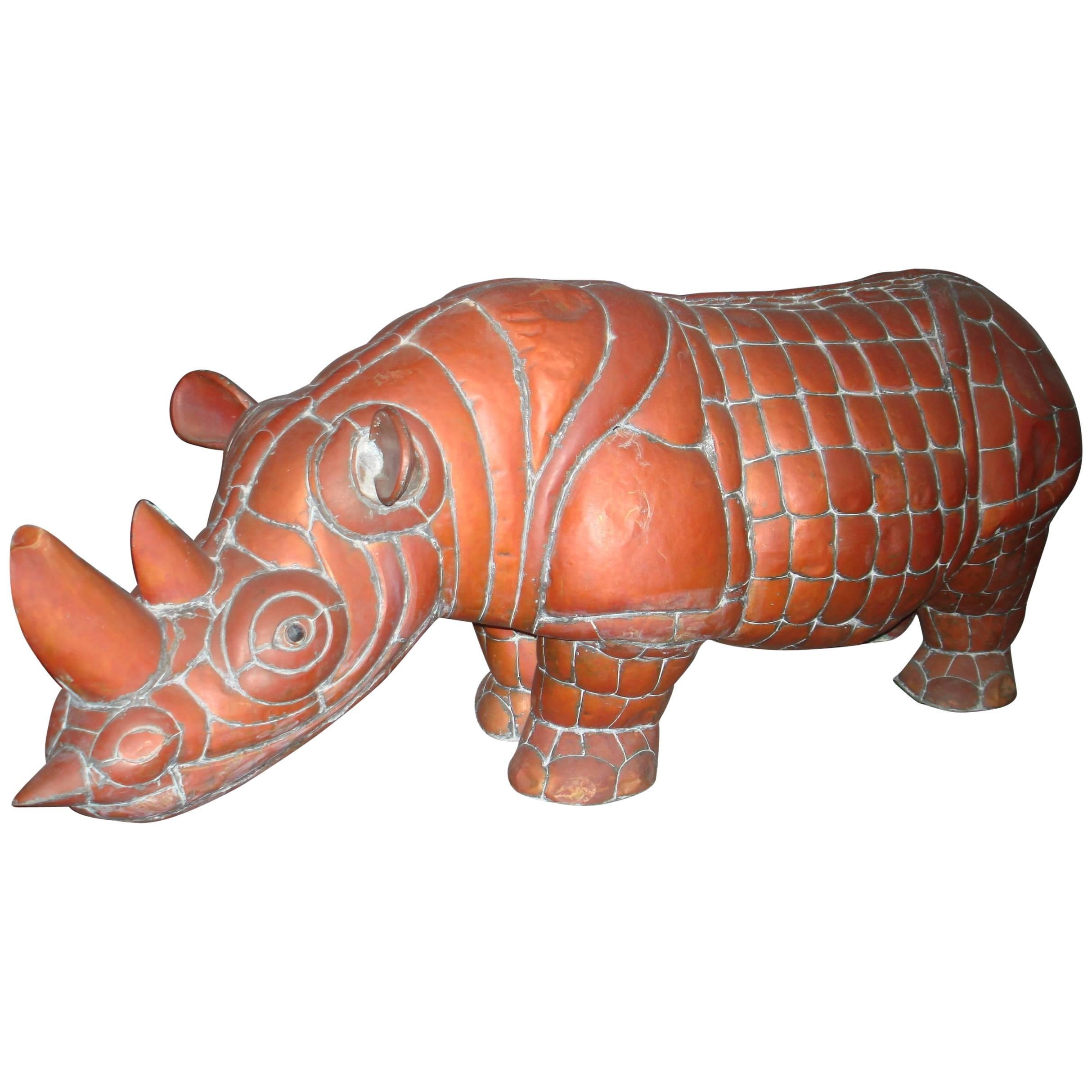 Signed Brass and Copper Rhino by Mexican Artist, Sergio Bustamante For Sale