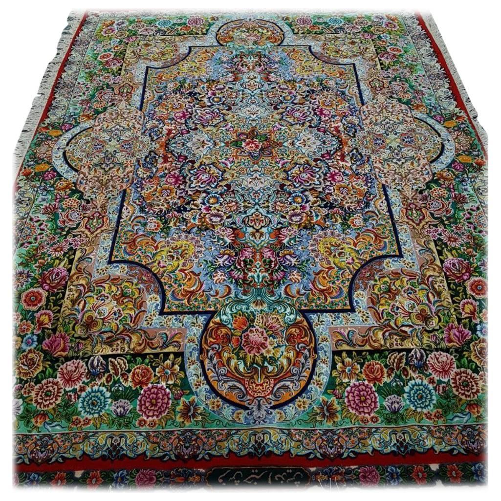 Homayun Hand-Knotted Silk Persian Tabriz Rug/Carpet For Sale
