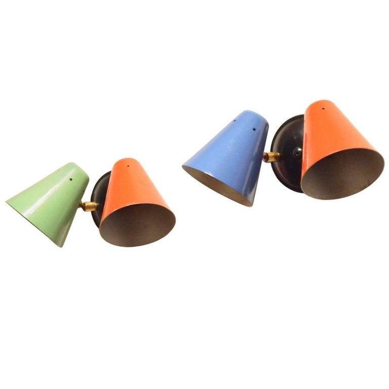 Two Midcentury Italian Modernist Colorful Cone Shaped Metal and Brass Wall Sconces For Sale at ...