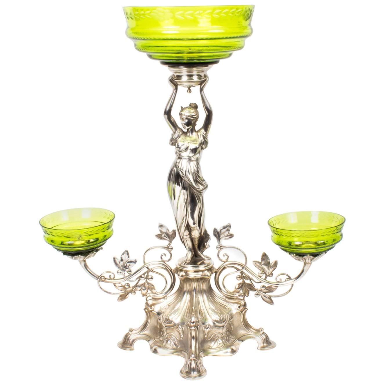 19th Century WMF Art Nouveau Centrepiece Jade Green Glass