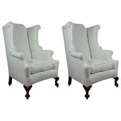 Pair of Antique Georgian Style Wingback Chairs with Mahogany Claw and Ball Feet