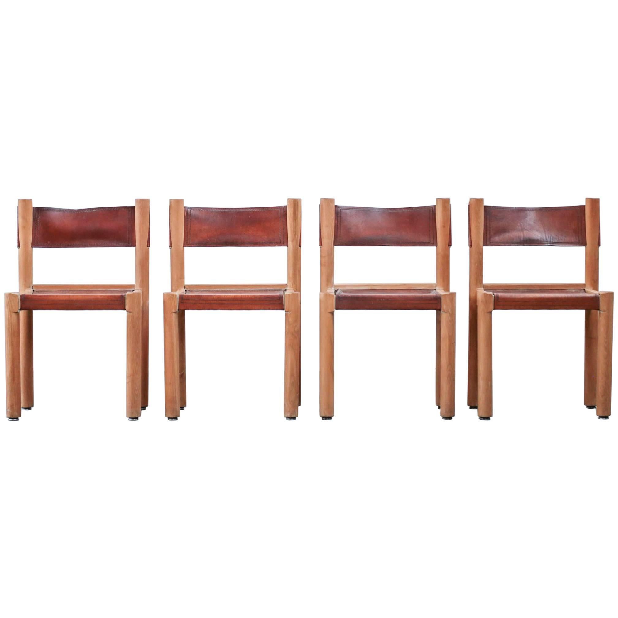 Set of Four Ash and Leather Chairs, French Midcentury 1960s, Pierre Chapo Style