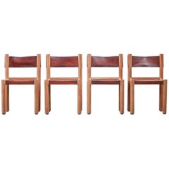 Set of Four Ash and Leather Chairs, French Midcentury 1960s, Pierre Chapo Style
