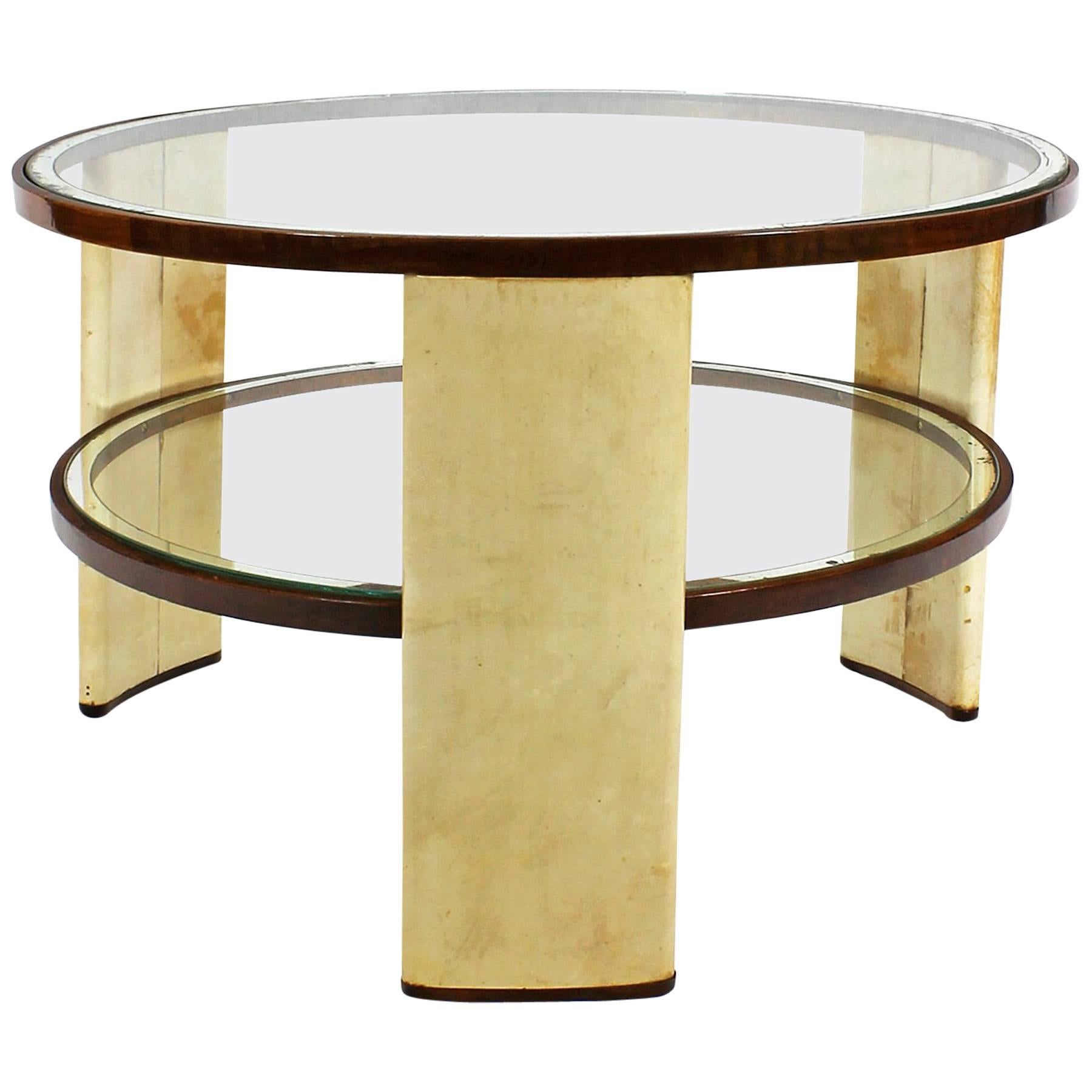 1930s Art Deco Side Table, parchment and walnut, mirrored glass. Italy