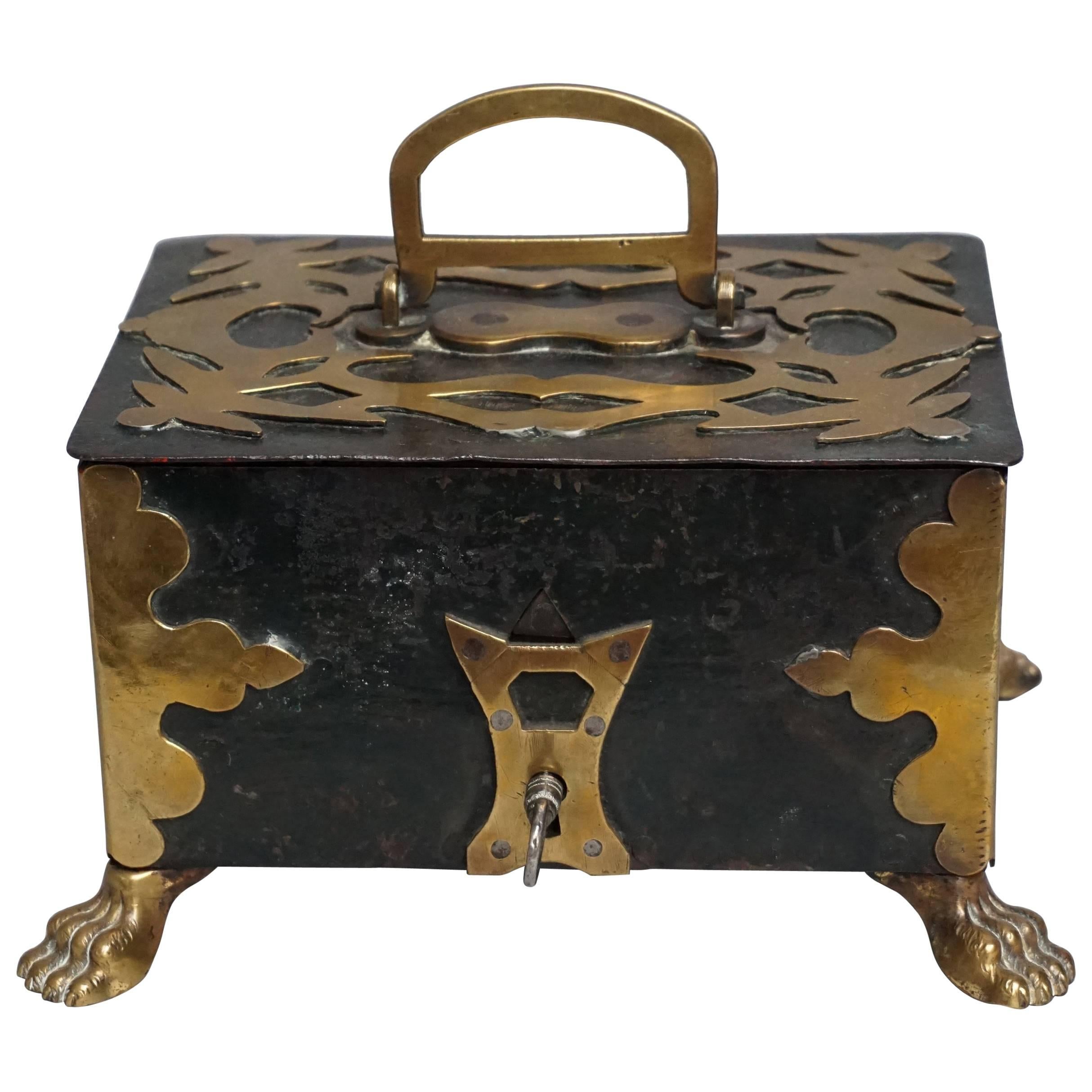 18th Century Brass and Iron Money Box, Little Strongbox or Treasure Chest