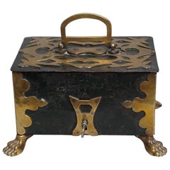 Antique 18th Century Brass and Iron Money Box, Little Strongbox or Treasure Chest