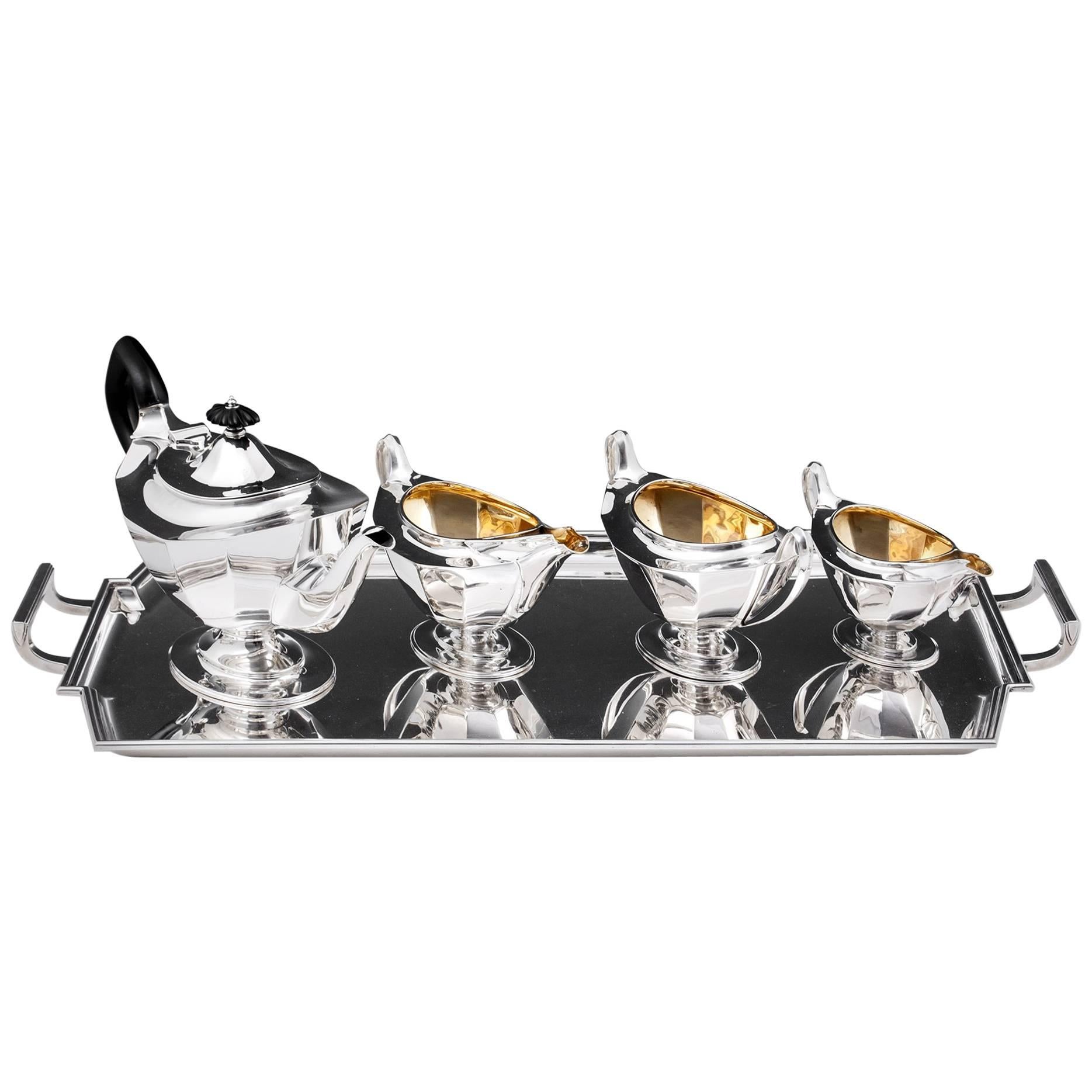 Art Deco Sterling Silver Tea Set with Ebony Handles, 20th Century For Sale
