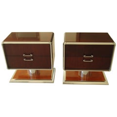 1970 Pair of Nightstands or Side Table Tinted Birch and Chrome