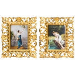 19th Century Pair of Berlin Plaques of Two Maidens in Gilt Florentine Frames